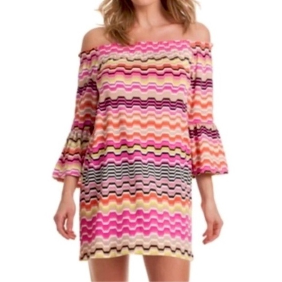 Trina Turk Womens Off Shoulder Mini Shift Dress Size M Chevron Stripe Colorful - Picture 1 of 10